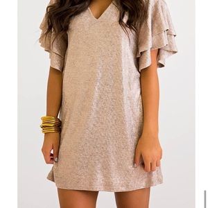 Karlie metallic gold ruffle sleeve shift dress S